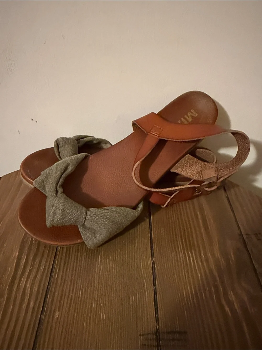 MIA Tan Leather Sandals with Green Fabric Bows